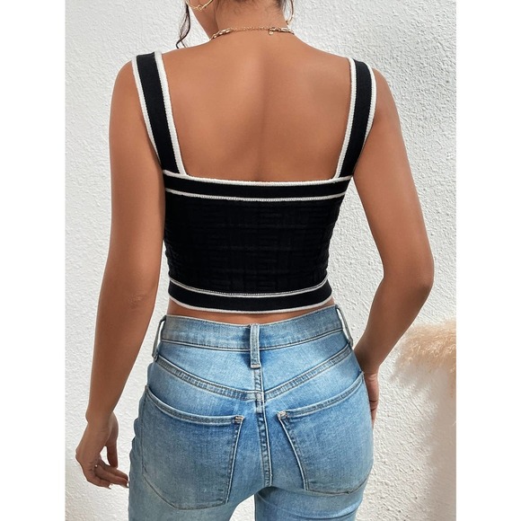 Plazacore preppy Contrast Trim Button Detail Crop Knit Top tan - Picture 4 of 11